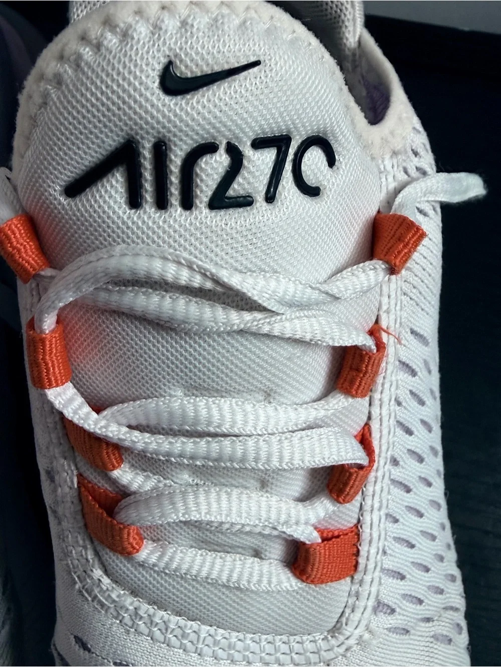 Nike White Air270 Athletic Sneakers with Orange Lace Loops and Mint Heel Tabs